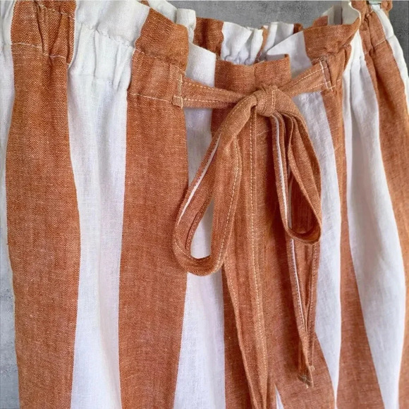 BeachLunchLounge Linen Blend Lagenlook Paperbag Pants Size S Brown White Stripes - Picture 5 of 13